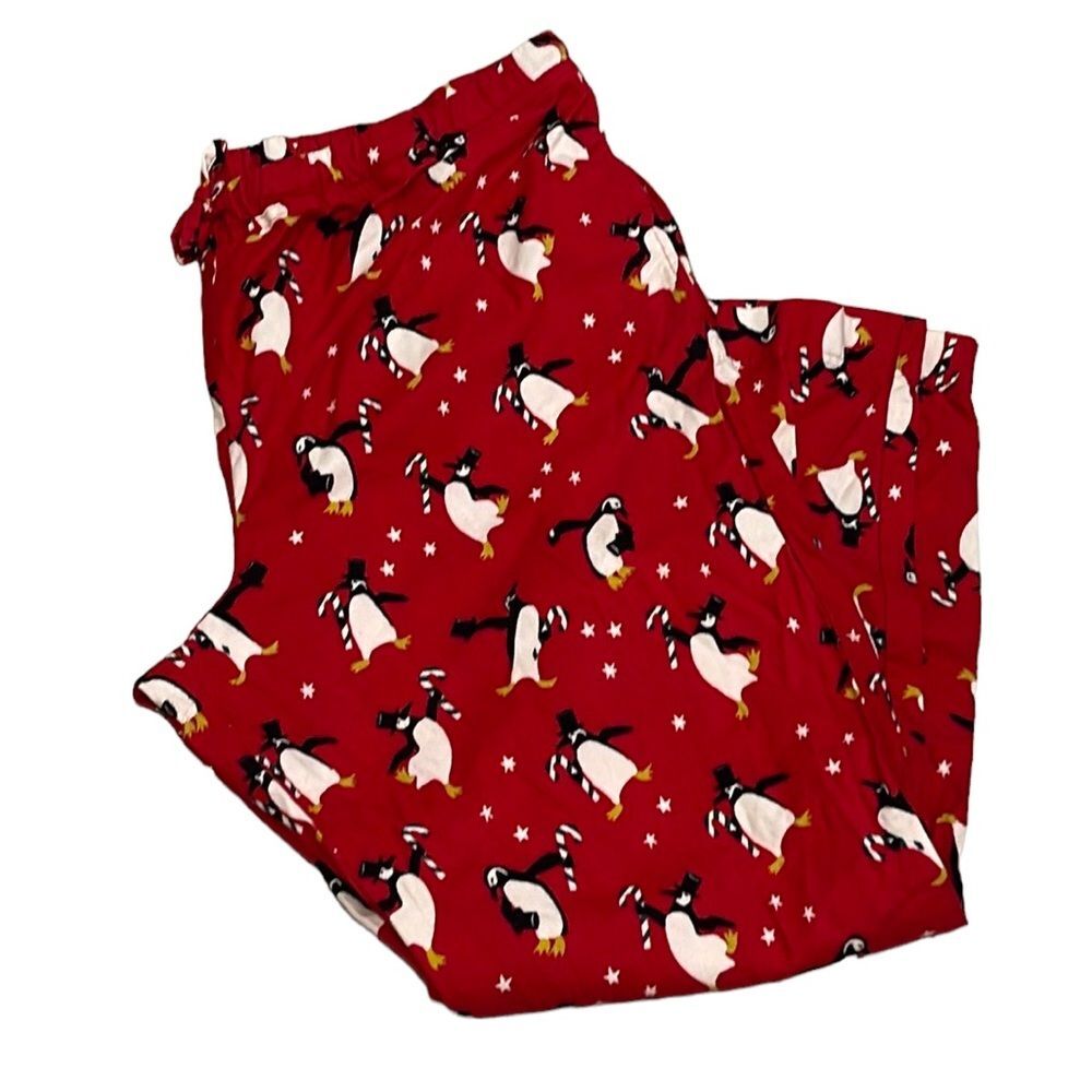 Hanna Andersson Flannel Pajama Pants Penguin Party Men XXL Holiday Christmas Red
